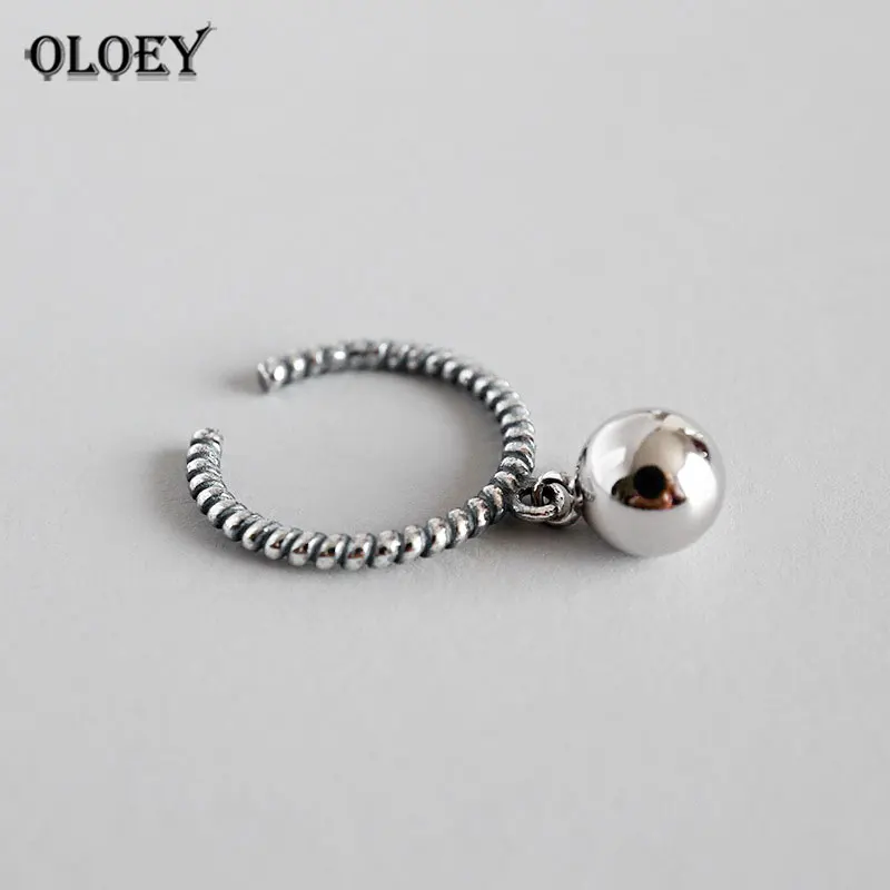 

YPAY Genuine 925 Sterling Silver Open Ring For Women Chain Rings With Hanging Bead Do The Old Hollow Lady Bijoux Femme YMR611