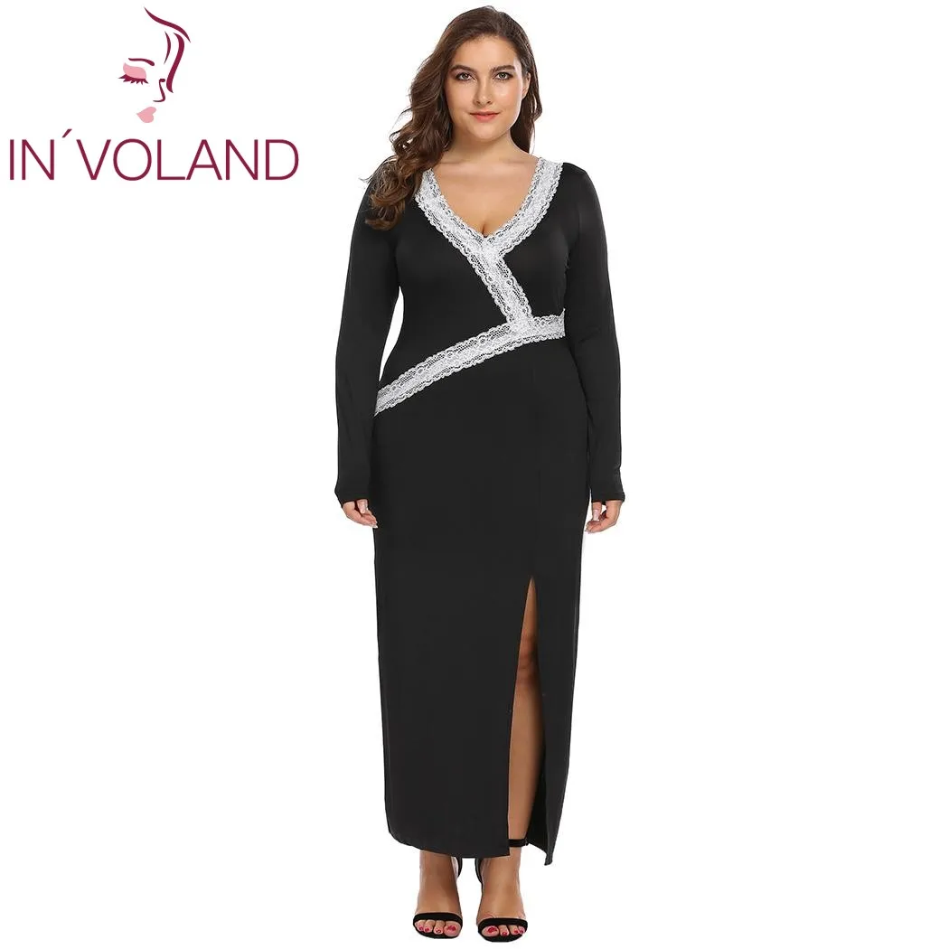 

IN'VOLAND Plus Size Women's Dress 4XL Autumn Spring V-Neck Long Sleeve Lace Patchwork Split Bodycon Party Maxi Dresses Big Size
