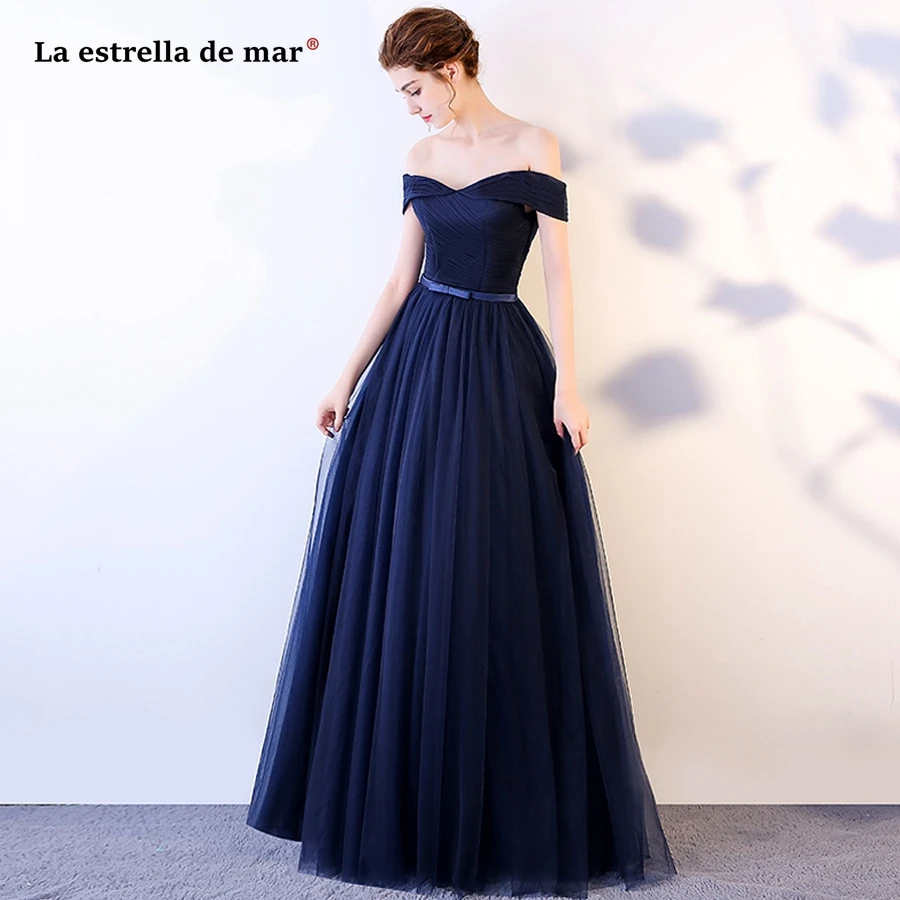 

Vestido de festa longo para casamento new tulle sexy V neck Off the Shoulder backless A Line Navy blue bridesmaid dresses long