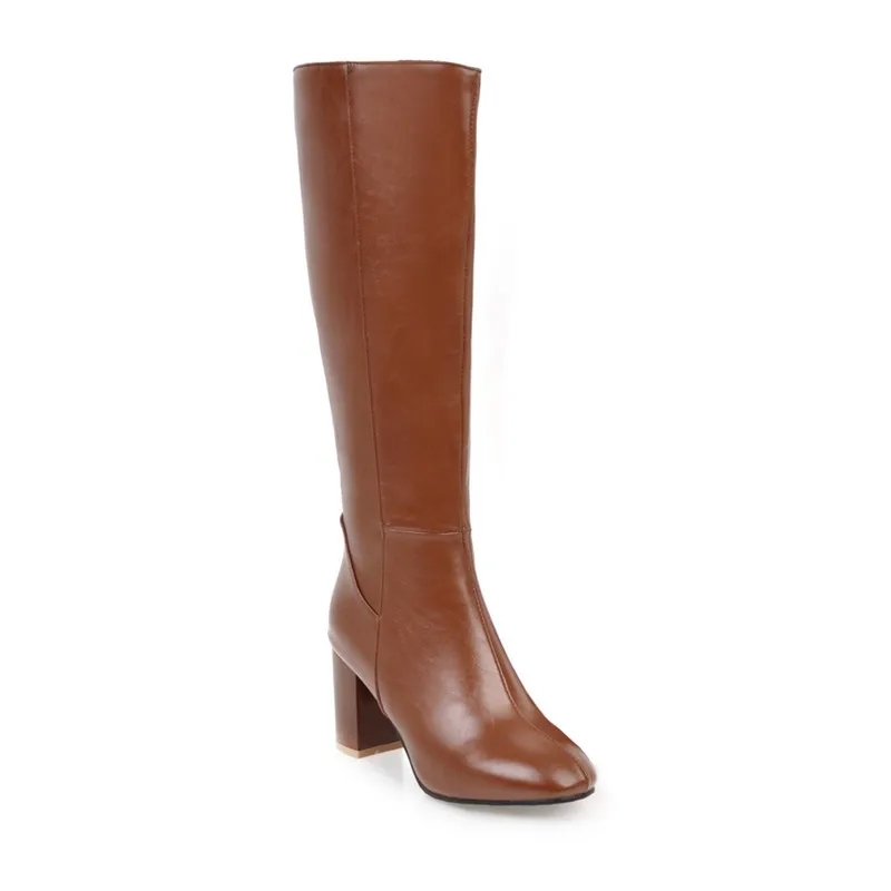 MoonMeek/Большие размеры 34-45; модные осенне-зимние сапоги; женская обувь на высоком каблуке с квадратным носком на молнии; сапоги до колена; Новинка года; женская обувь - Цвет: brown