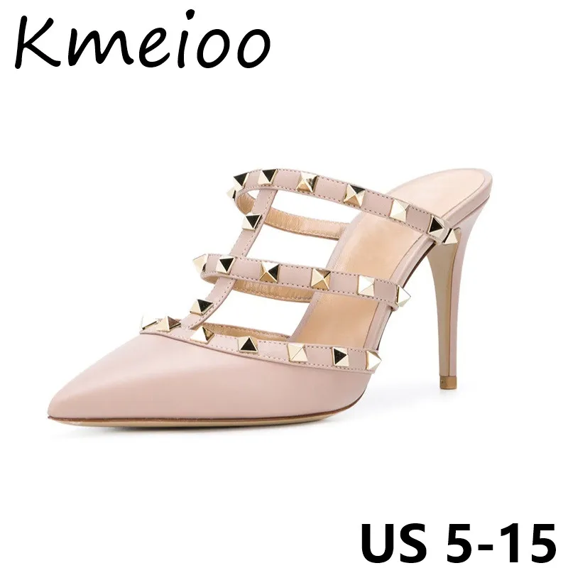 

Kmeioo 2018 Fashion Gladiator Sandals Rivets Slippers Rockstudded Hige Heel Mules Slip On Woman Shoes Party Ladies Stilett