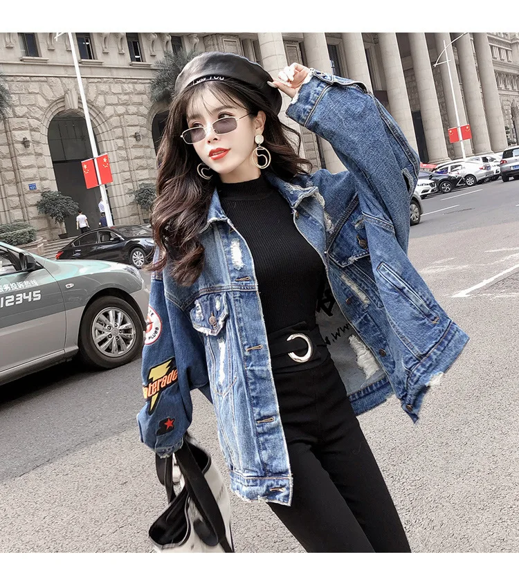 New Oversize Jeans Jacket Women Autumn Streetwear Loose Patch Designs Denim Jacket Coat Long Sleeve Female Ladies Outwear