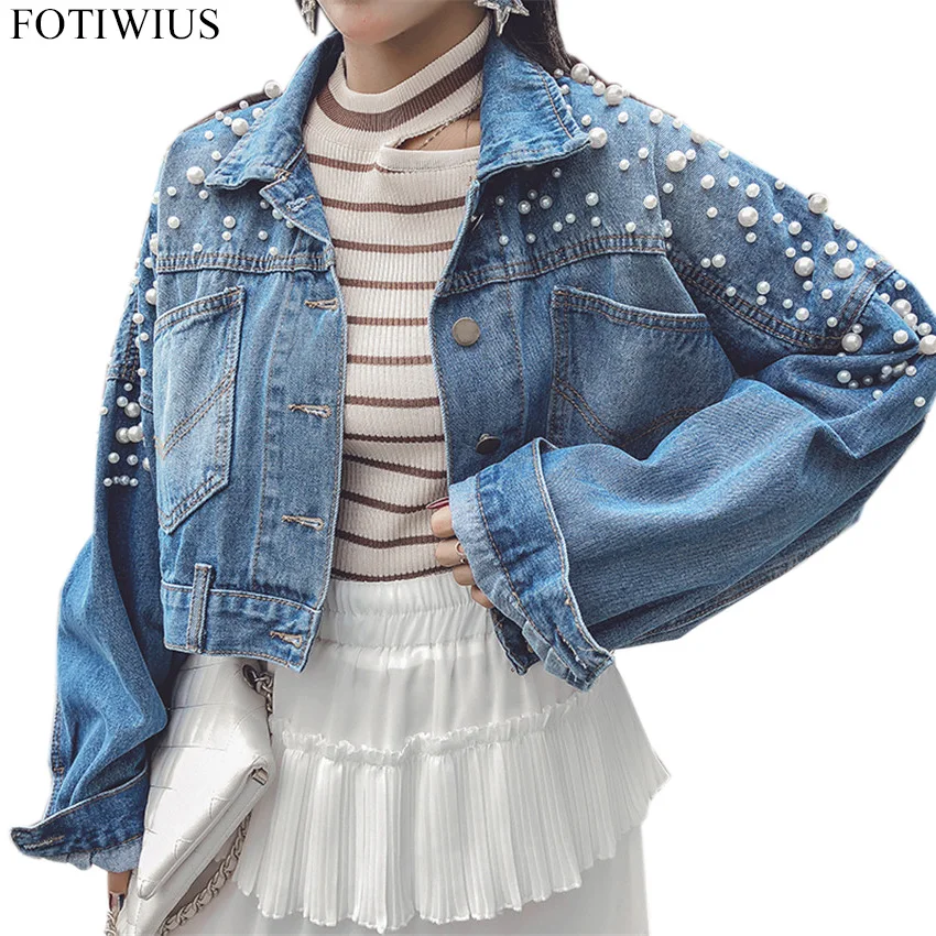 2018 Spring Autumn Denim Jacket Women Plus Size Coat Beading Pearl Casual Loose Short Jeans