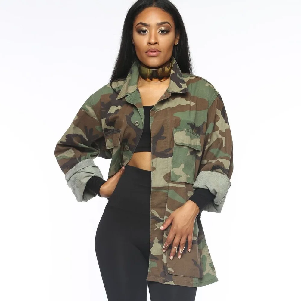 low cost  2019 Fashion Women Loose Camouflage Coat Turn-Down Collar Pocket Long Sleeve Button Up Casual Army 