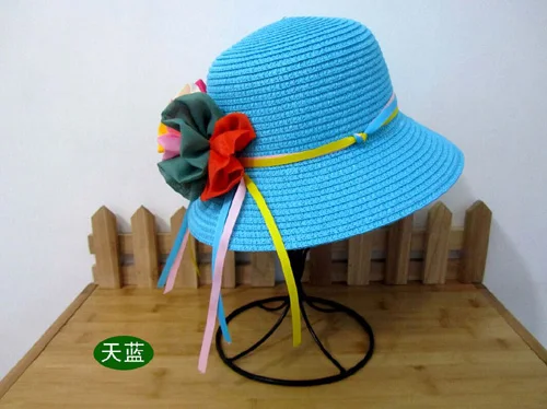 1 шт., женские шляпы с большим цветком и лентой, весенне-летние модные головные уборы для родителей и детские шапочки для женщин и девочек - Цвет: children sky blue