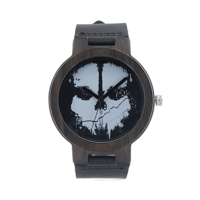 MYSTERIOUS SKULL WOOD LEATHER BAND WATCH