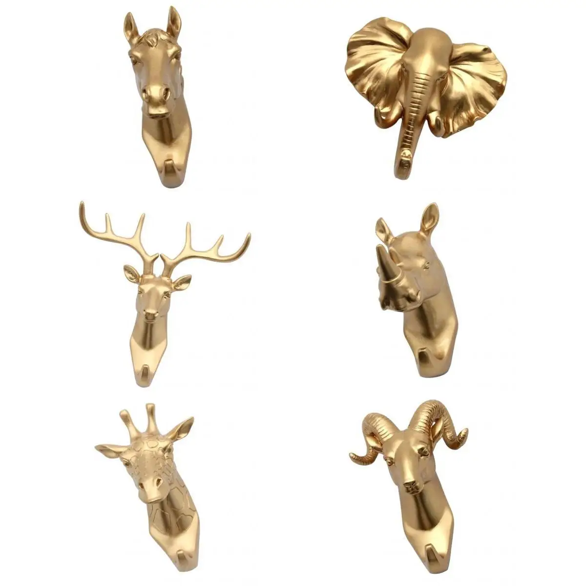 6Pcs Wall Mounted Resin Animal Head Hook Hanger Bag Keys Cloth Holder Home Room Decorative Gold High Quality 