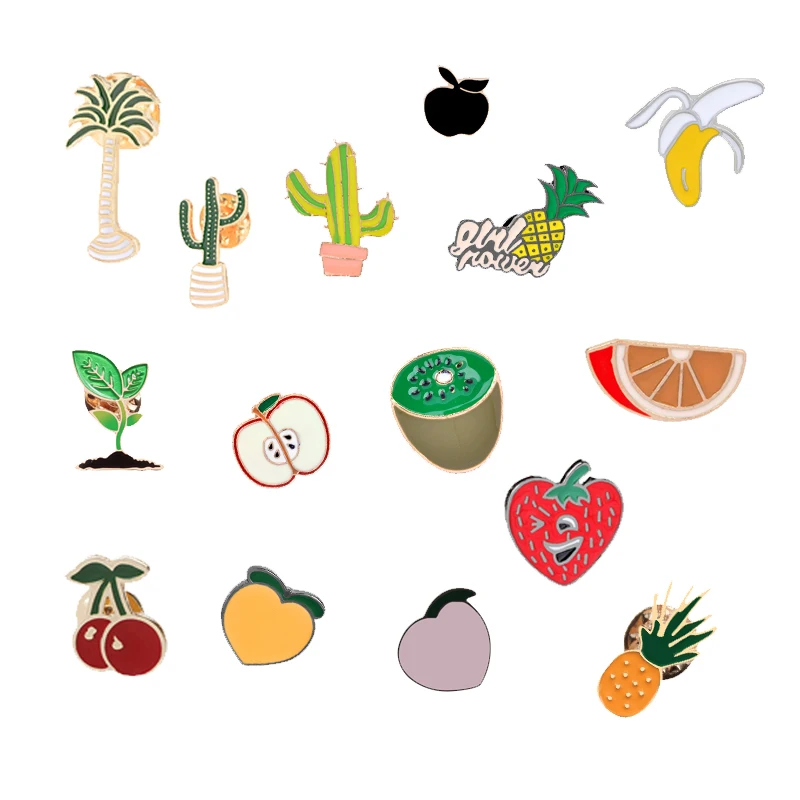 

Women Enamel Pins Cartoon Fruit Plant Fashion Pin Cute Strawberry Pineapple Cactus Apple Brooches Denim Shirt Badge Kids Jewelry
