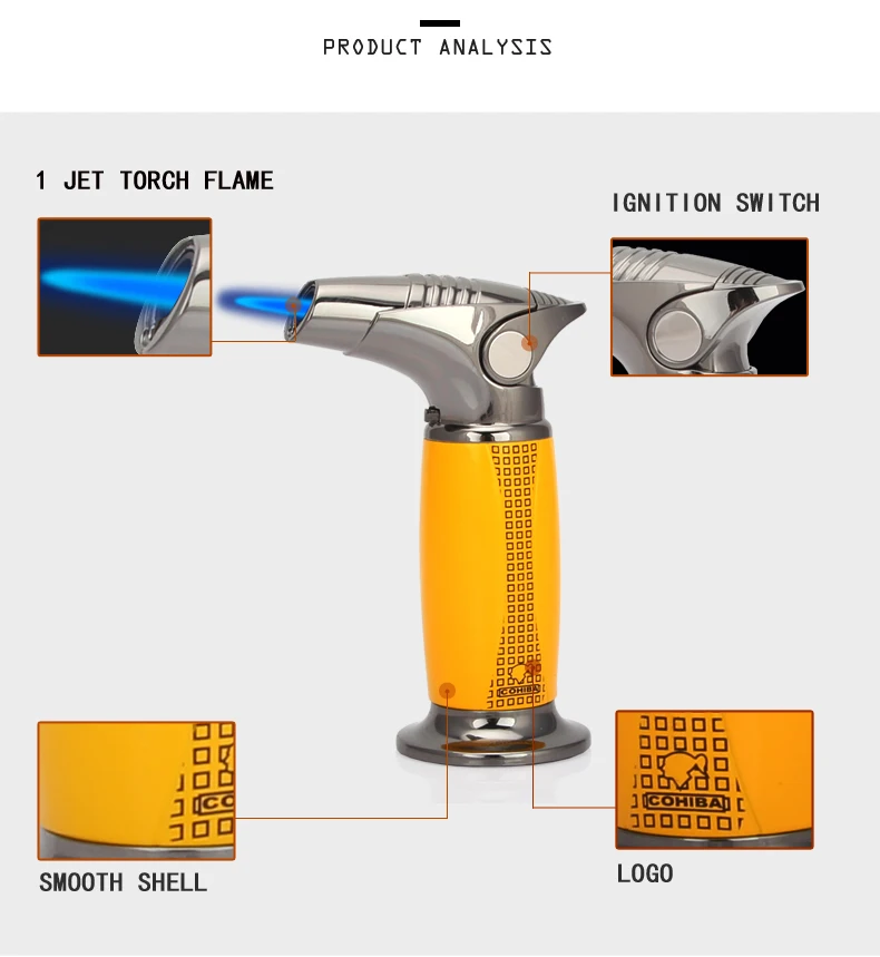 COHIBA сигарный фонарь, зажигалка, настольный пистолет, металлические газовые зажигалки с бутаном, ветрозащитная струйная зажигалка, зажигалка для сигар, инструменты W/Подарочная коробка
