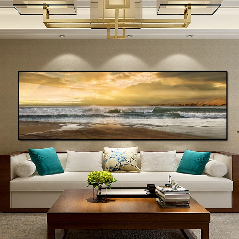 NOBRAND Green Ocean Wave Canvas Seascape Painting Abstract Modern Poster and Print Print Landscape Mural Living Room Sin Marco 30x90cm 