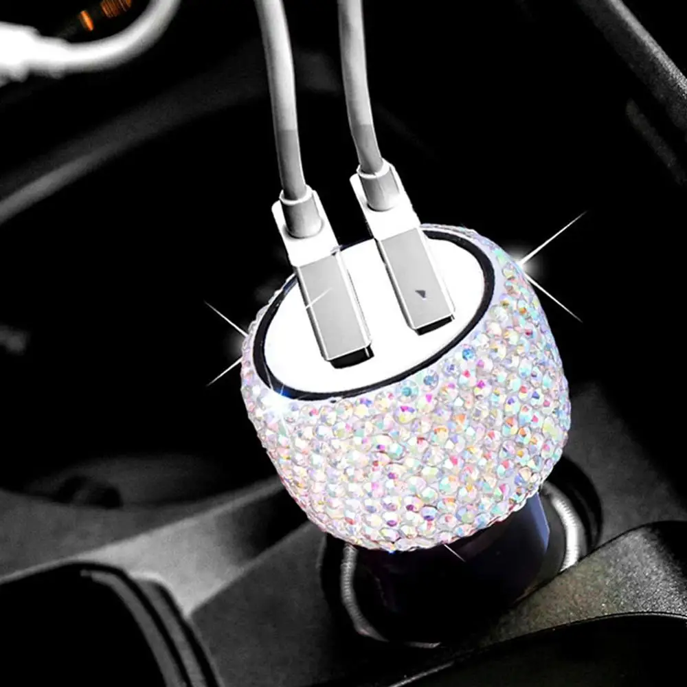 

Crystal Rhinestones Dual USB Quick Charge Car Charger for Mobile Phone Rotate Fast Charging Adapter Car Mount Phone Holder