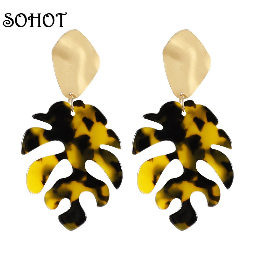 

SOHOT New Alloy Acrylic Acetic Acid Tortoiseshell Monstera Leaf Drop Earrings Exquisite Trendy For Beach Charming Jewelry