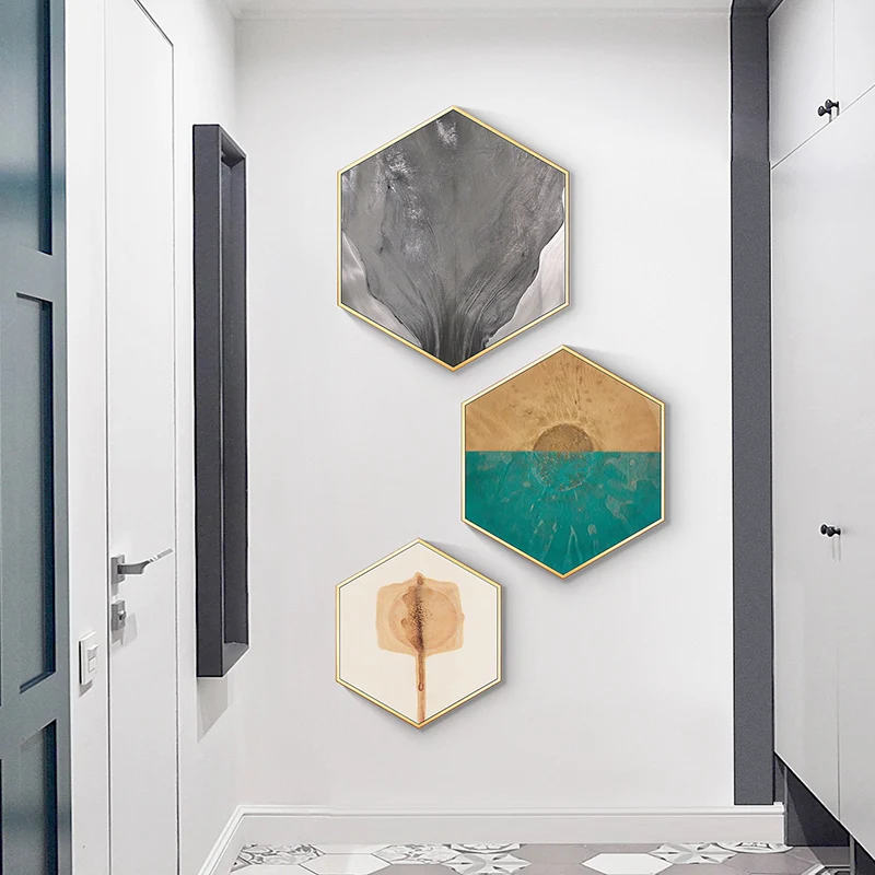 

Hexagonal abstract decorative painting Simple background wall painting Living room Nordic luxury porch paintings with frame