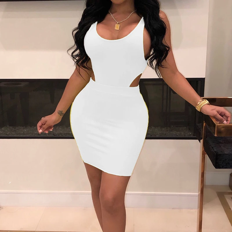 

Summer White Dress Two Piece Sets Solid Strap Sleeveless Hollow Out Bodysuits Skirt Sexy Women Club Bodycon Outfits Party Romper