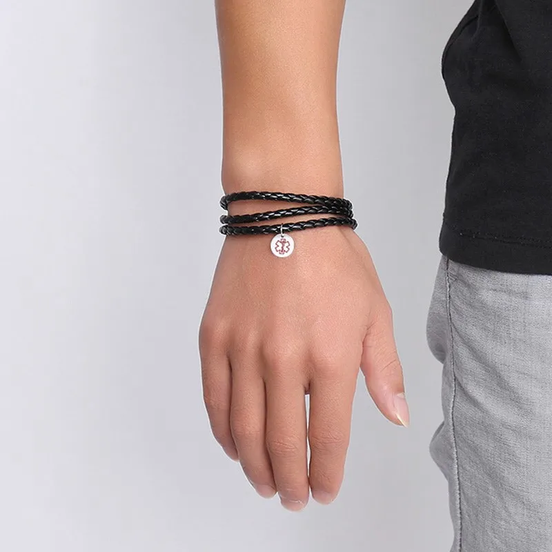

Unisex Stainless Steel Round Medical Alert Tag with Black Braided Leather Triple Wrap Bracelets for Woman Men Christmas Gifts