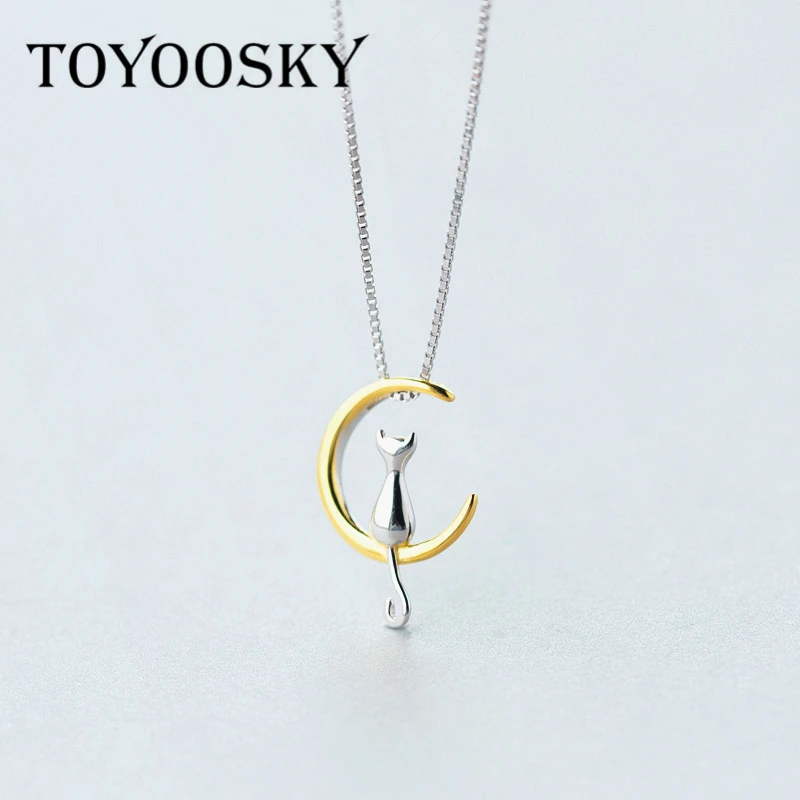 Женское ожерелье из серебра 925 пробы с подвеской в виде котенка и Луны|moon pendant