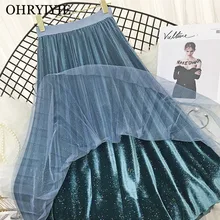 OHRYIYIE осенне-зимние модные бархатные тюлевые юбки с блестками, Женская плиссированная юбка с высокой талией, женские длинные юбки-пачки средней длины SK212