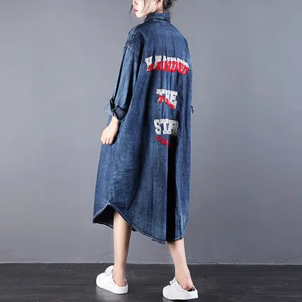 

2019 female new autumn Korean style embroidery casual Medium- long dress casual with letter loose shirt