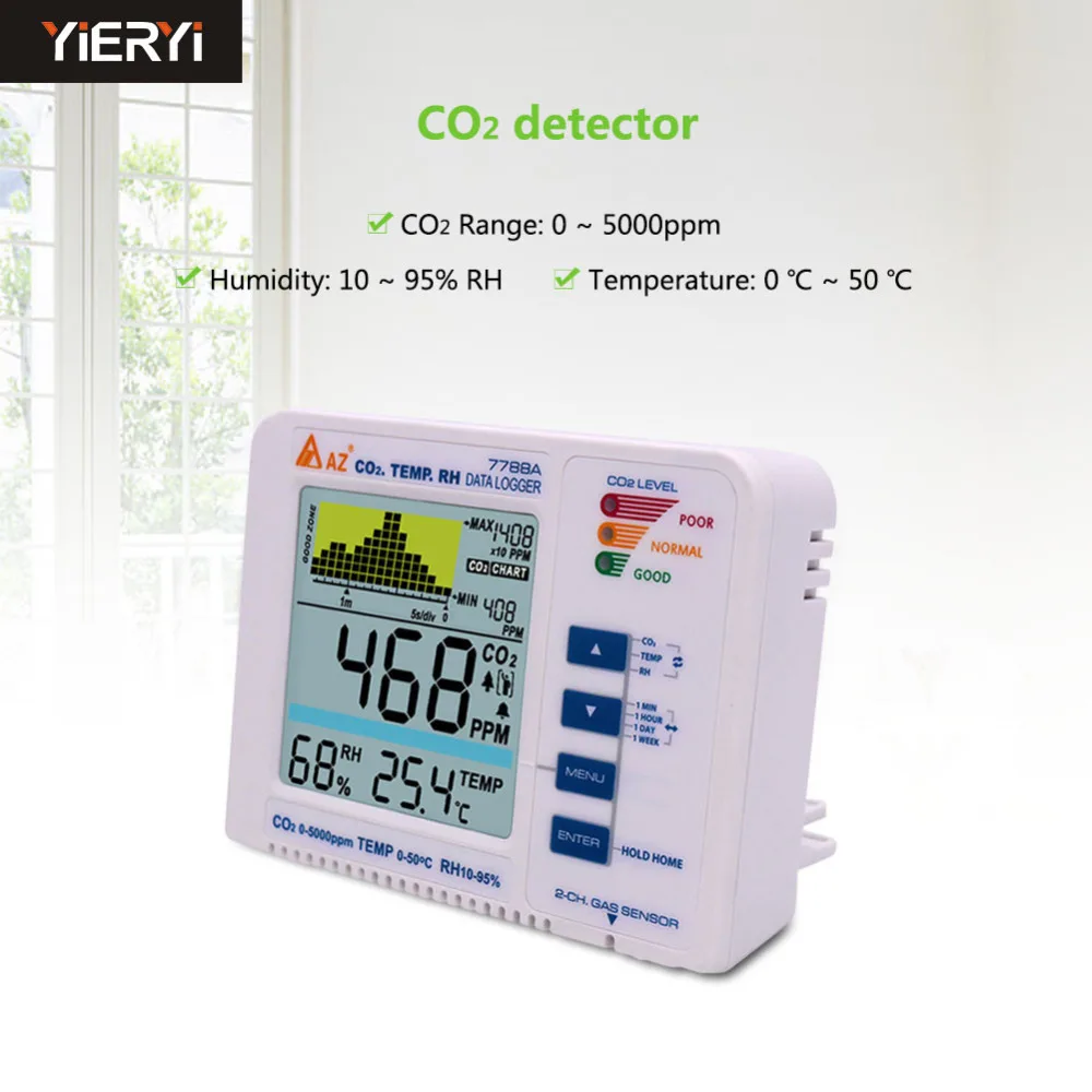 Yieryi AZ7788A CO2 регистратор данных качество воздуха Температура CO2 детектор сигнализации тренд запись для дома, библиотеки, больницы, отеля лобби