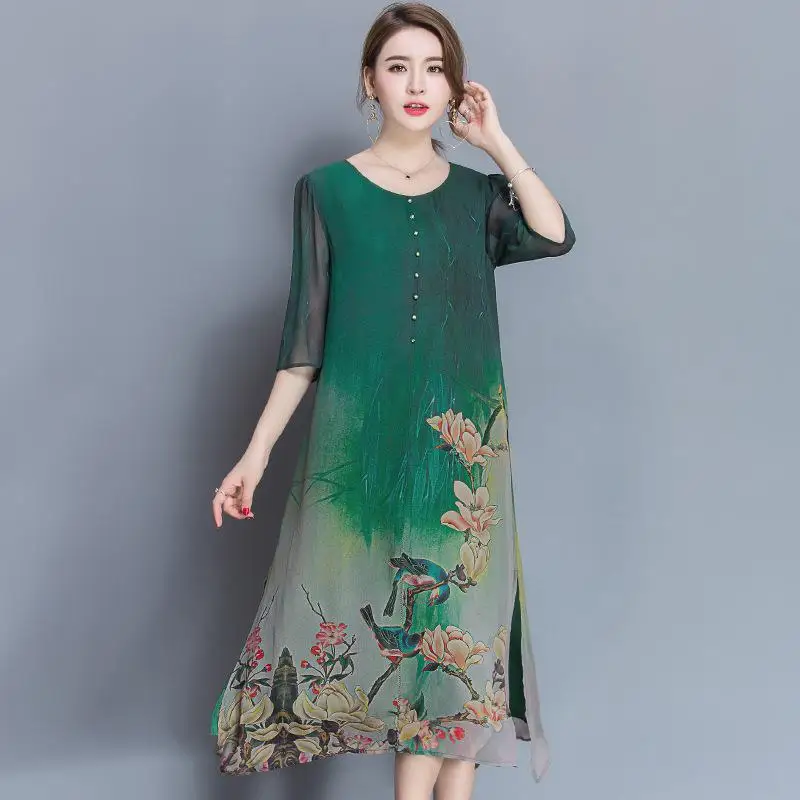 

M-4XL Plus Size New Spring Summer Silk Dress Chinese Style Dress High Quality Loose Print Party Women's Dress Female