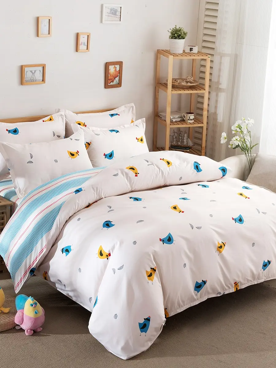 

3/4 Pcs Home Bed Linen Set Cute Cartoon Chicken Pattern Comfy Bed Clothes