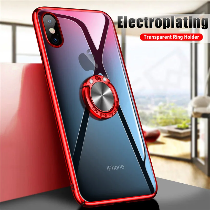 

Electroplating Clear Case For iPhone 7 8 X XR XS Max Ring Stand Holder Hard PC Cover For iPhone 8 7 6 6S Plus Phone Cases