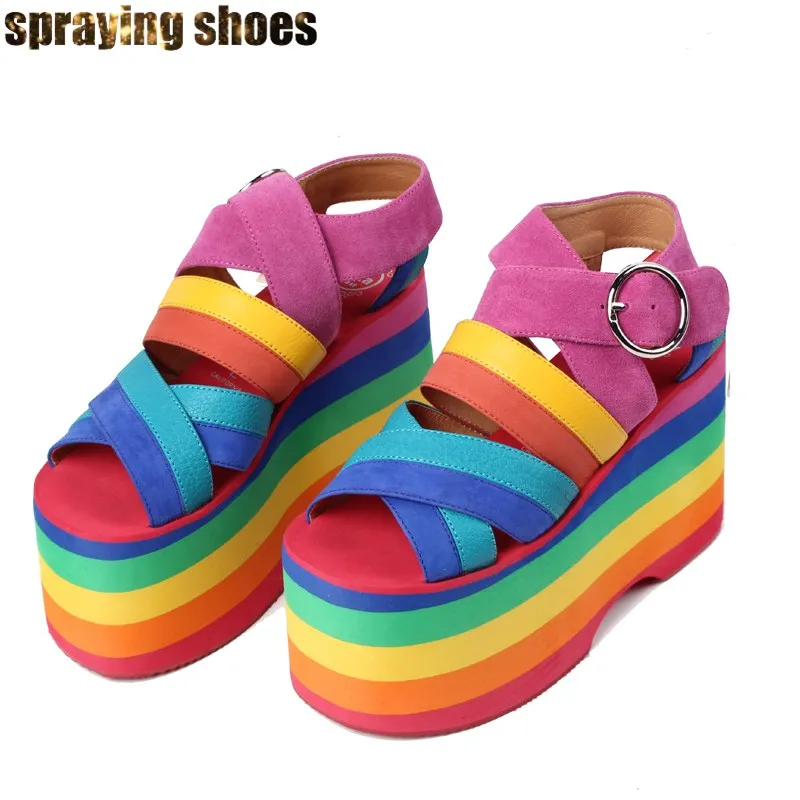 2019 Summer Fashion Women Rainbow Platform Sandals Shoes 11CM High Heel Wedge  Sandals Buckle Strap Gladiator Sandals Boots Woman - AliExpress Shoes