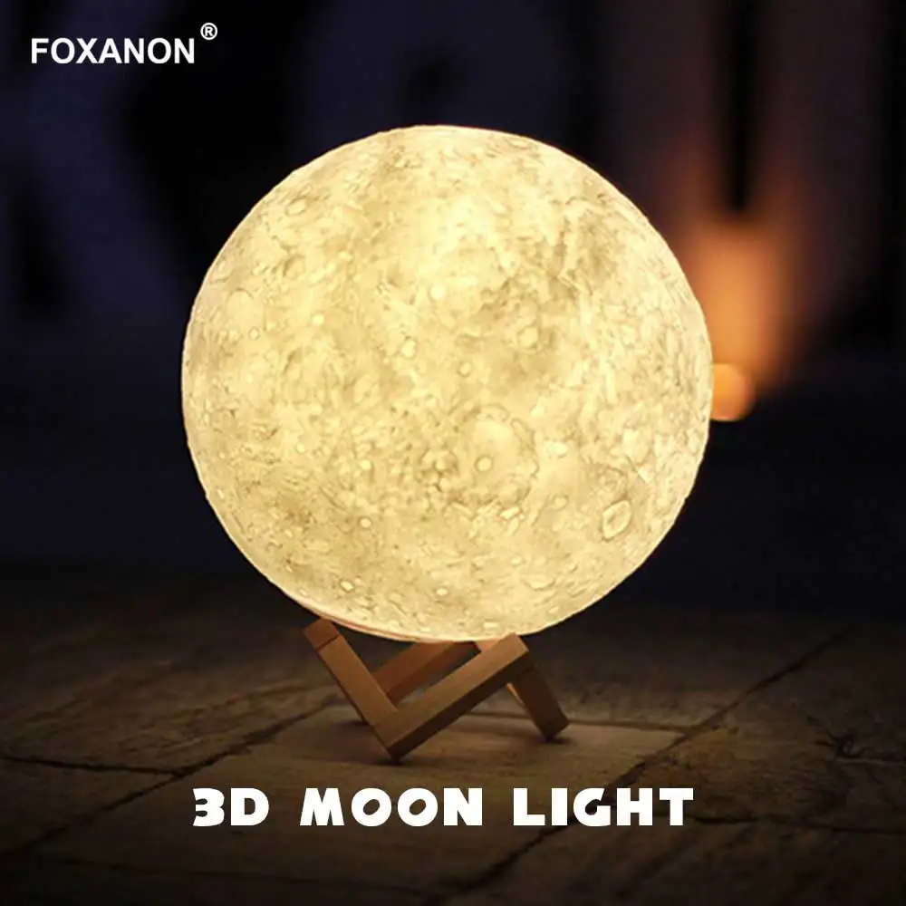 

Foxanon 3D Print Moon Light Night Lamps Rechargeable 16 Colors Change Touch Switch Sensor Table Lamp Creative Gift For Kids Home