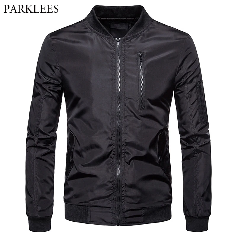 Black Zipper Pockets Bomber Jacket Men Solid Color Mandarin Collar Mens Jackets And Coats Hip