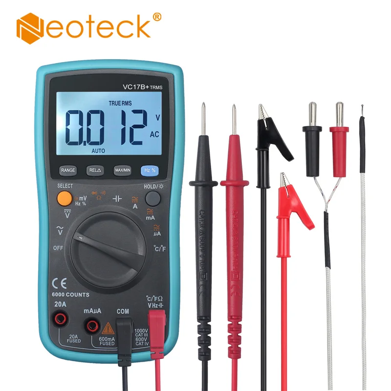 

Neoteck Digital Multimeter Tester 6000 Counts TRMS Auto Ranging with Backlit AC/DC Voltage Current Capacitance Continuity Tester