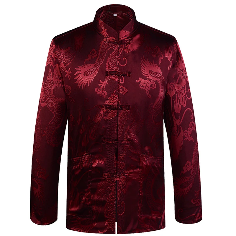 Tanie Brand New Arrival chińskie tradycyjne męskie satynowe stójka smok jedwabiu strój tang odzież kurtka kung fu płaszcz YZT1205