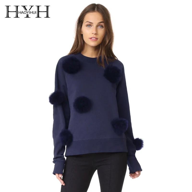 

HYH Brand Women Solid Deep Blue Casual Sweatshirts O-Neck Long Sleeve Female Sweet Pompon Pullovers Lady Fashion Slim Tops