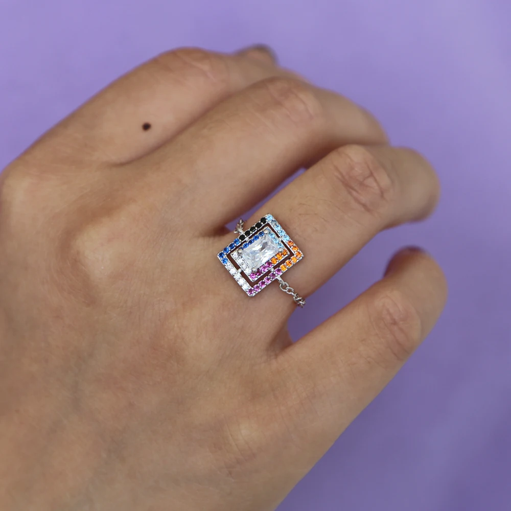 European charm chian ring clear multi color Rainbow cz metal square ring 2018 hot selling geometric cubic zirocnia rings