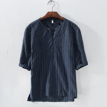 

New Japanese style short-sleeved linen shirt men summer casual stipe men shirts loose designer shirt male camisas para hombre