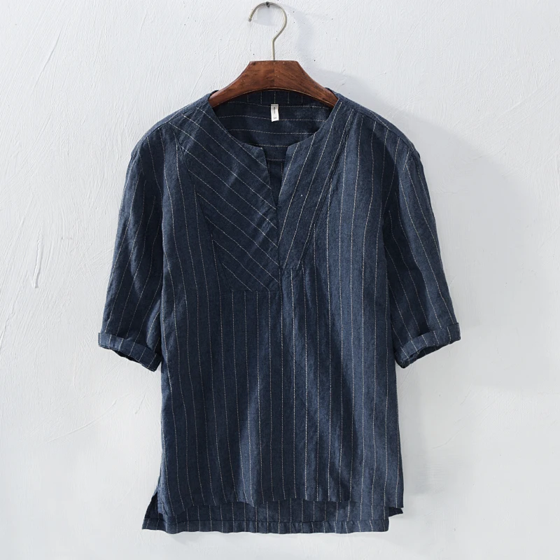 Achat Nouvelle Japonais style chemise en lin à manches courtes hommes d été casual stipe hommes chemises lâche designer chemise masculine camisas par hombre