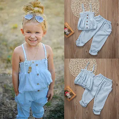 

2Pcs Fashion Toddler Girls Kid Summer Outfit Set Sling Sleeveless Demin Tank Top T-shirt + Pants Clothes 2-7T