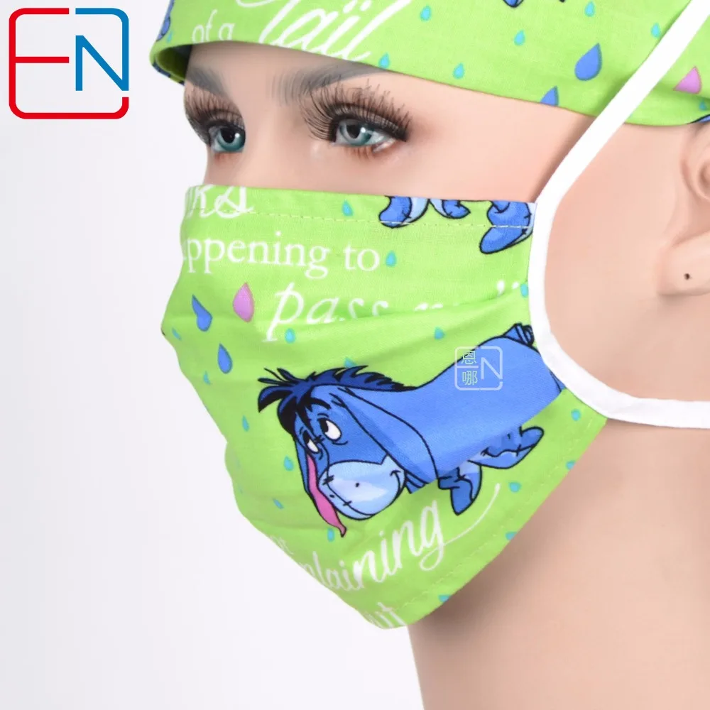 Hennar доктор скраб шапки маска для женщин зеленый мультфильм печати хирургические головные уборы клиника кепки хлопок высокое качество скраб хирургическая шапка s маски