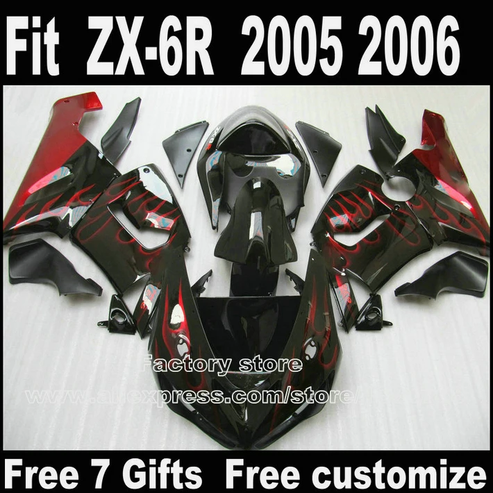 

Plastic fairing kit for Kawasaki ZX6R 2005 2006 ZX-6R 05 06 Ninja 636 red flames in black fairings bodywork set LK53