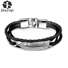 Jiayiqi, винтажные браслеты из искусственной кожи, дизайн с перьями, застежка из сплава, браслет для женщин и мужчин, ювелирные изделия, черный, коричневый, белый цвет, цепочка