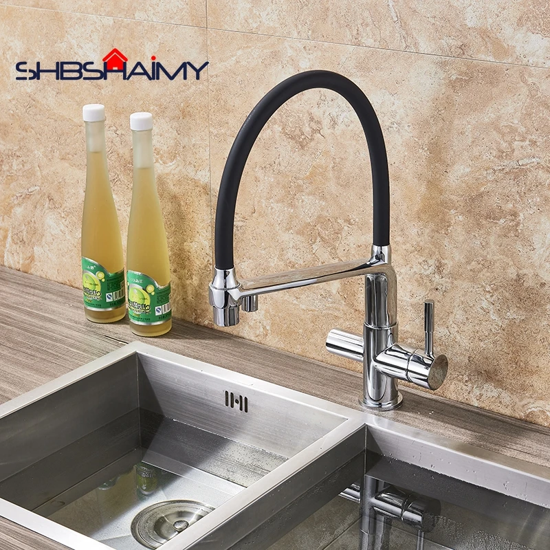 

Chrome Polished Black Pipe Kitchen Purification Faucet 360 Degree Rotation Dule Handle Cold and Hot Water Mixer Tap