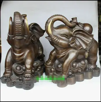 

14" China Wealth Two Elephants Ruyi Gourd Bronze Statue