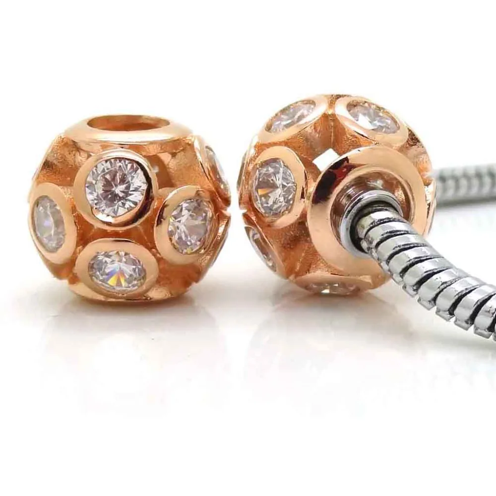 2pcs/lot Rose Gold Micro Pave Zircon Big Hole Spacer Beads Charms