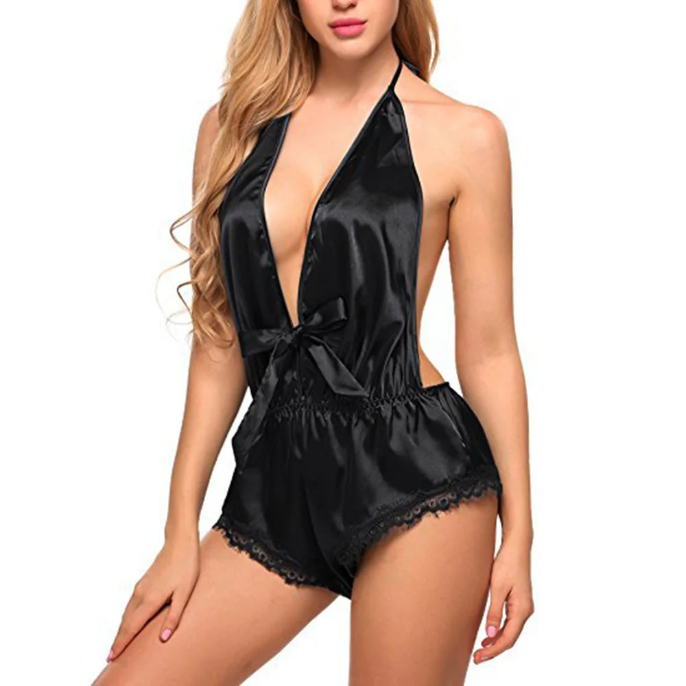 Сексуальная Женская Ночная одежда с глубоким v-образным вырезом, без рукавов, пижама из спандекса, кружевная ночная сорочка, стринги, боди, цельная ночная рубашка, Ночная одежда