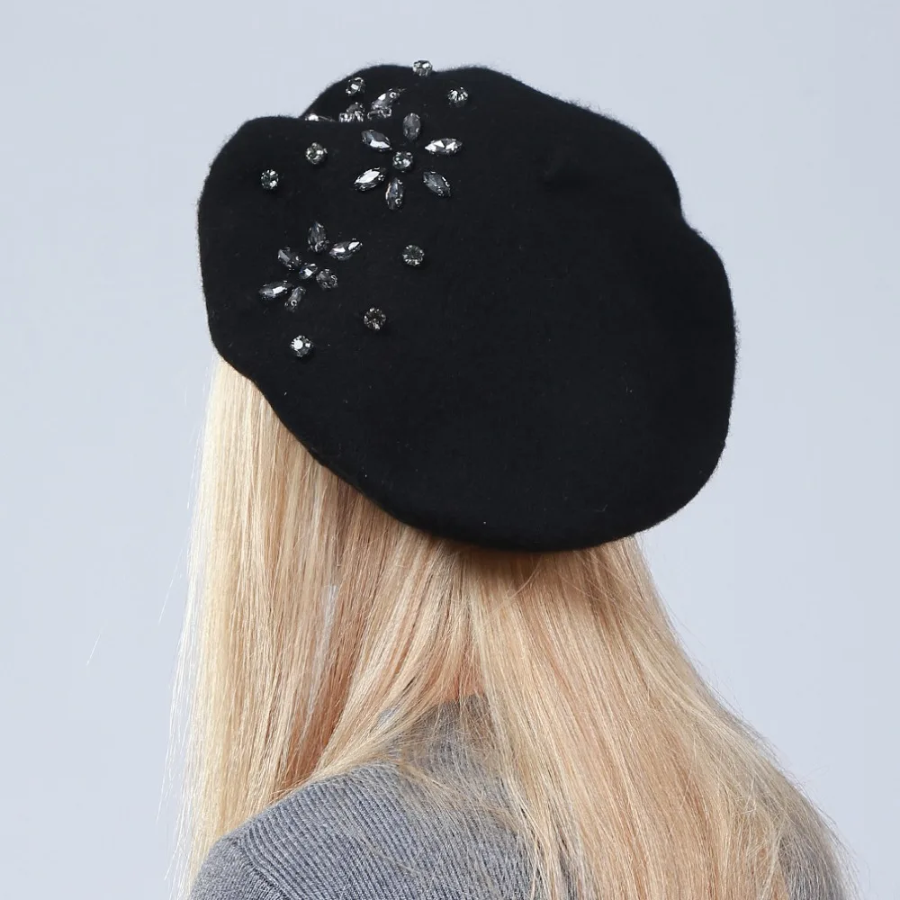 Geebro Women's Cashmere Beret Hat New Winter Floral Rhinestone Knitted French Artist  Cap Femme Plain Black Wool 5