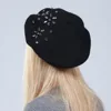 Geebro Women's Cashmere Beret Hat New Winter Floral Rhinestone Knitted French Artist  Cap Femme Plain Black Wool 5