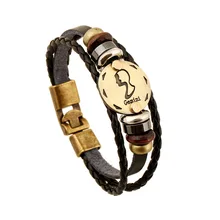 Fashion Bronze Buckles 12 Constellation Gemini Bracelet Punk Leather Bracelets Wooden Bead Jewelry For Men Women Charm B05