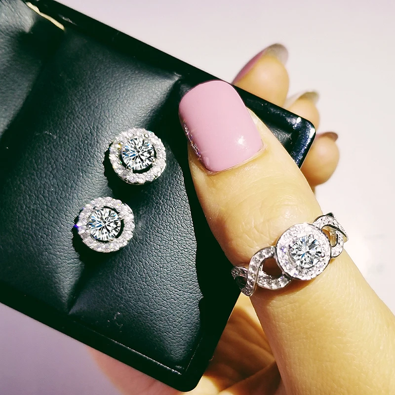 

925 Sterling Silver Jewelry set halo Engagement ring round stud earring for Wedding christmas Valentine's Day gift party J4926