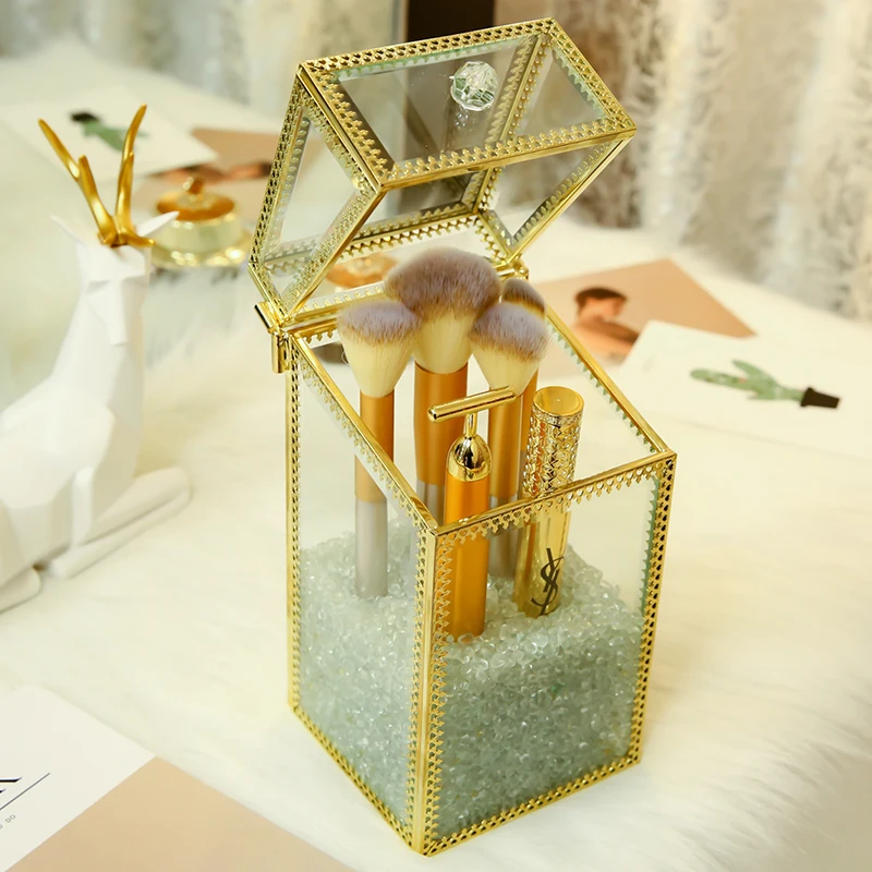 High Quality Gold Glass Makeup Tools Pen Brushes Box With Pearls Square Makeup Tools Storage Case Can Put Makeup Pen Brushes