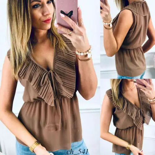 

New Women Casual Sleeveless T-shirt Tops Solid Ruffle Tunic Loose Summer TShirt Beach V-neck Sexy Solid Brown T shirt 2019