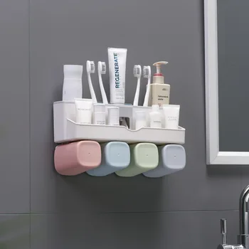 

1Set Toothbrush Holder Suction with Toothpaste Squeezer with Cups for 2/3/4Persons in Bathroom Accessories Storage